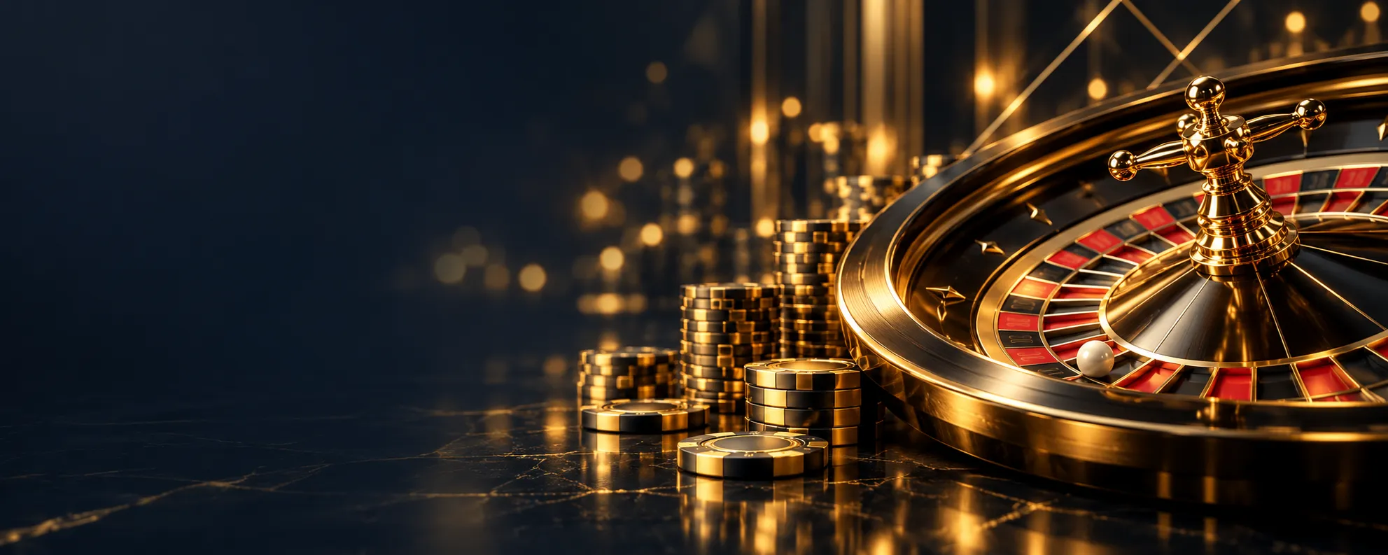 Glowing golden roulette wheel and stacked gold casino chips on a dark reflective table with warm bokeh light accents